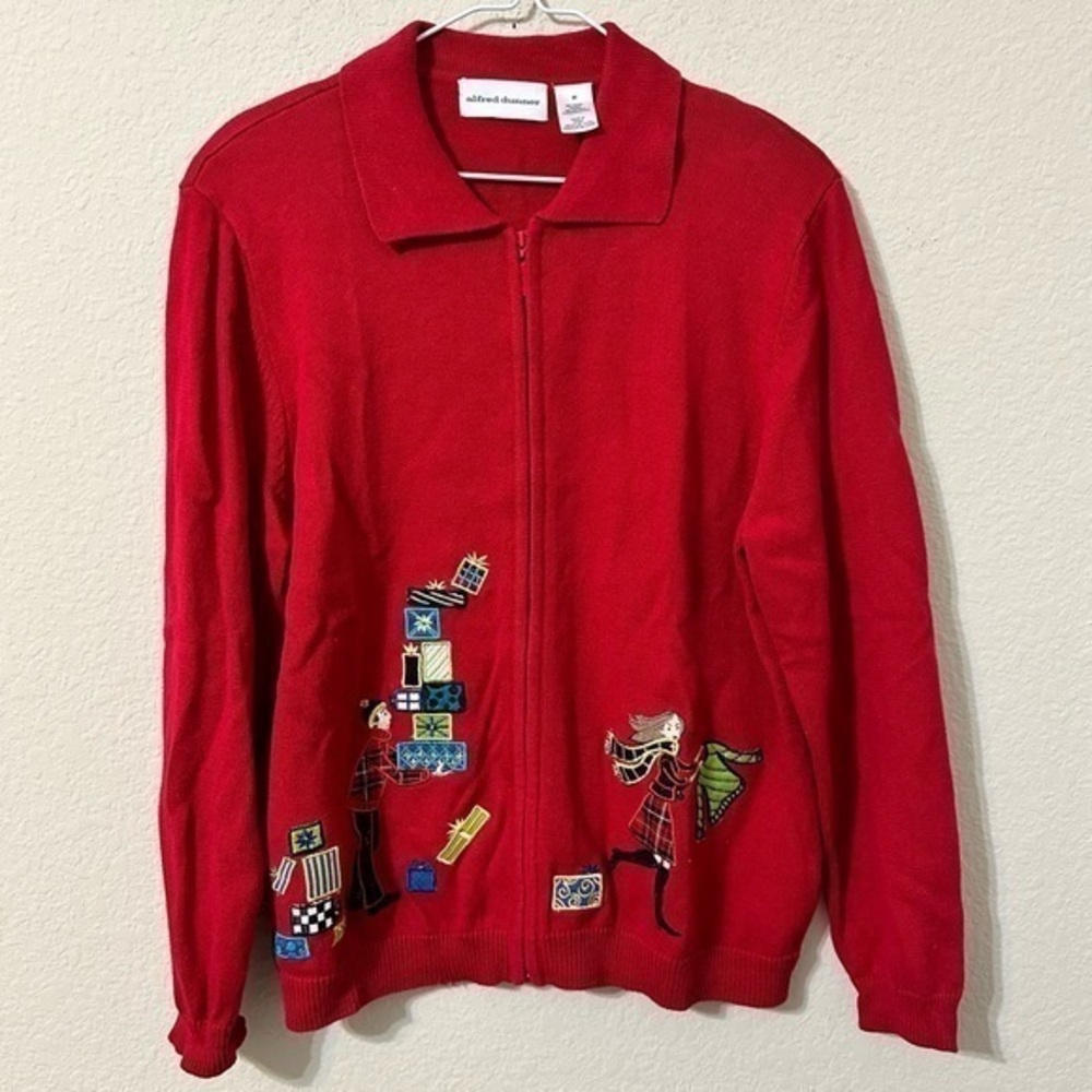 Alfred Dunner Sweater Red Embroidered Holiday Shoppers Red Zip Up Knit Christmas
